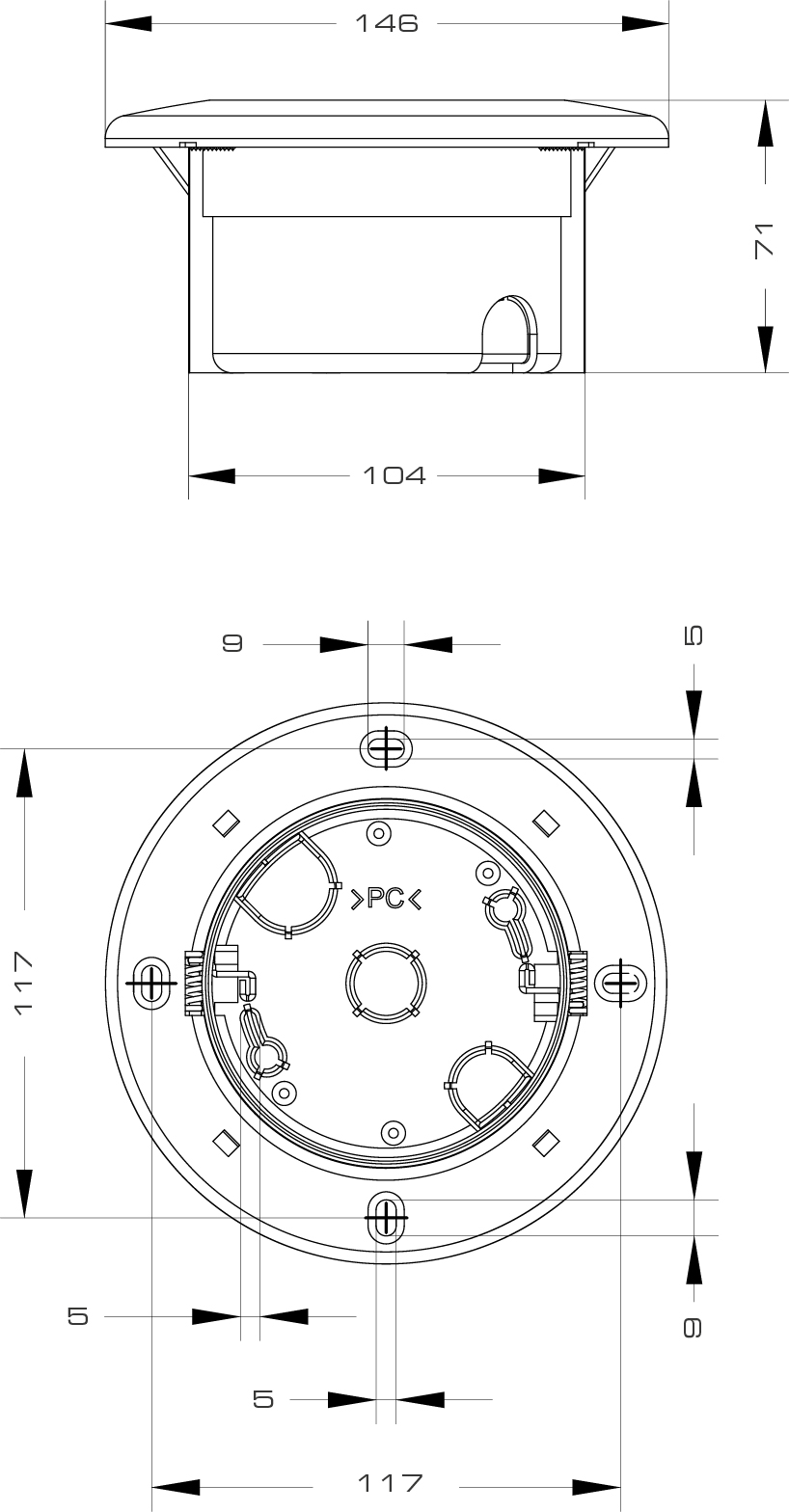 Einbau-Basismodul mit grauem Gehäuse und weißem, rundem Montagering zur Integration in flache Oberflächen.