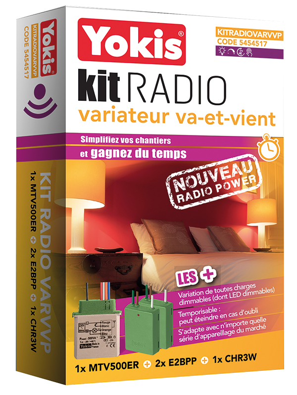 Yokis Funk-Dimmer-Set in Produktverpackung mit Dimmermodul und zwei Funkempfängern für Wechselschaltung.