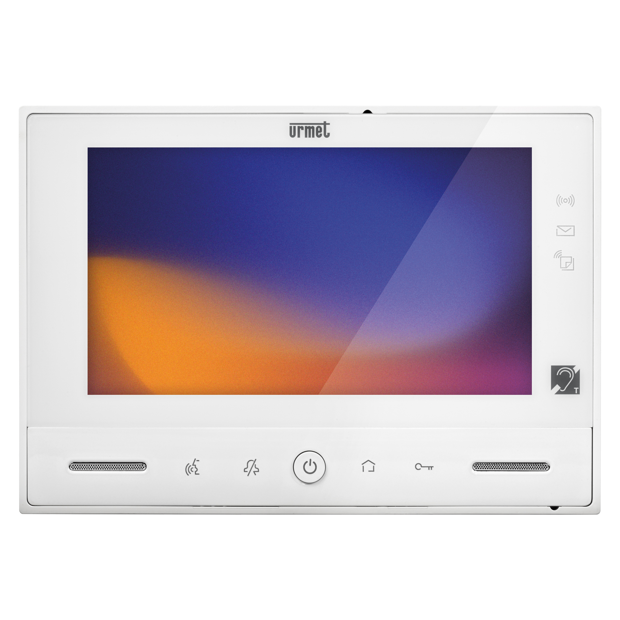 Weißer 7"-Videomonitor mit großem Display, Soft-Touch-Bedienknöpfen, Lautsprechern unten und Symboltasten an der Seite.