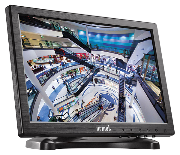 Schwarzer LCD-Monitor von Urmet zeigt eine Videoüberwachung eines mehrstöckigen Einkaufszentrums mit Rolltreppen und Menschen.