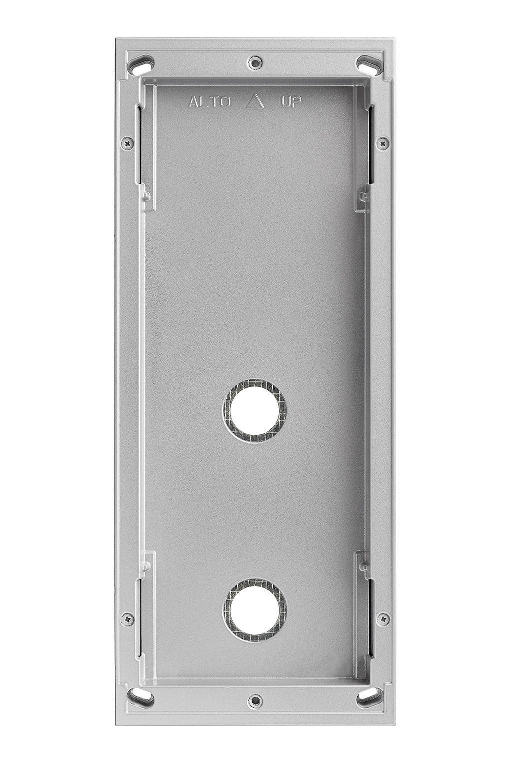 Graues Aufputzgehäuse für drei Moduleinheiten, rechteckige Form mit zwei Kabelöffnungen und vier Befestigungspunkten.