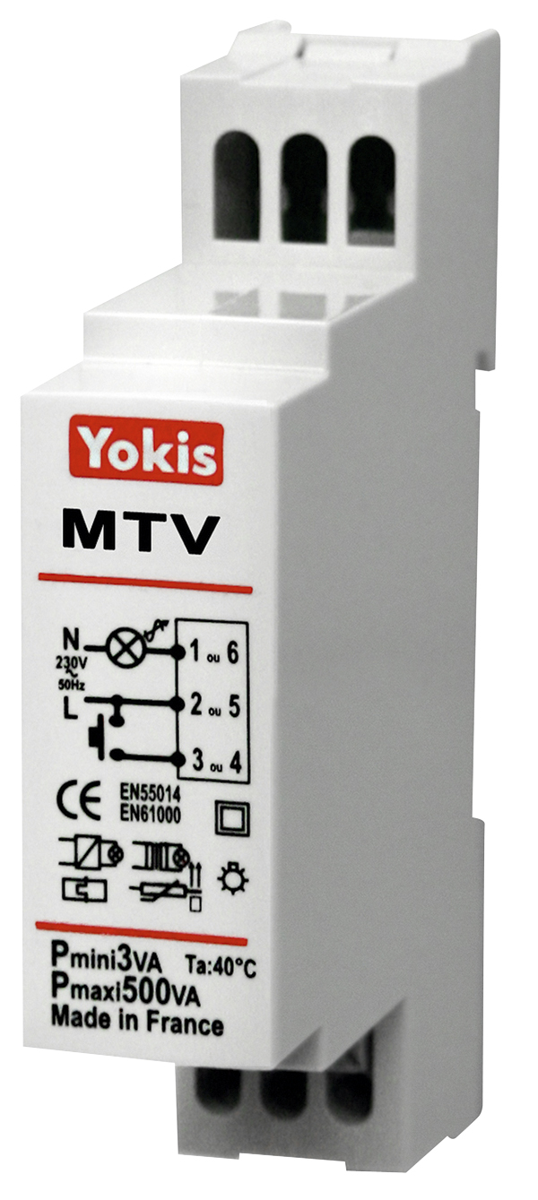Dimmer zur Hutschienenmontage, weißes Gehäuse mit Anschlussklemmen oben und Schaltbild auf der Front.
