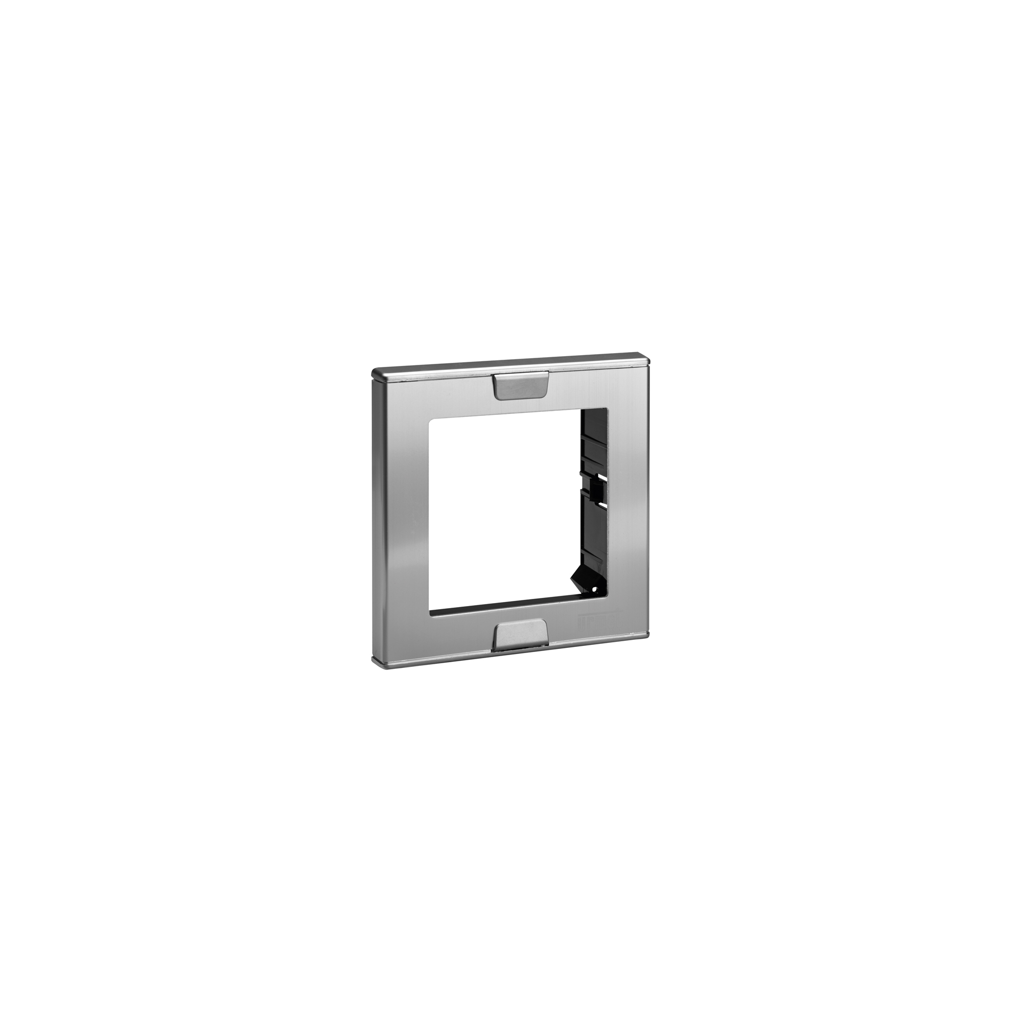 Quadratischer Kunststoffrahmen in Aluminiumoptik mit zentraler Aussparung und Befestigungsclips oben und unten.
