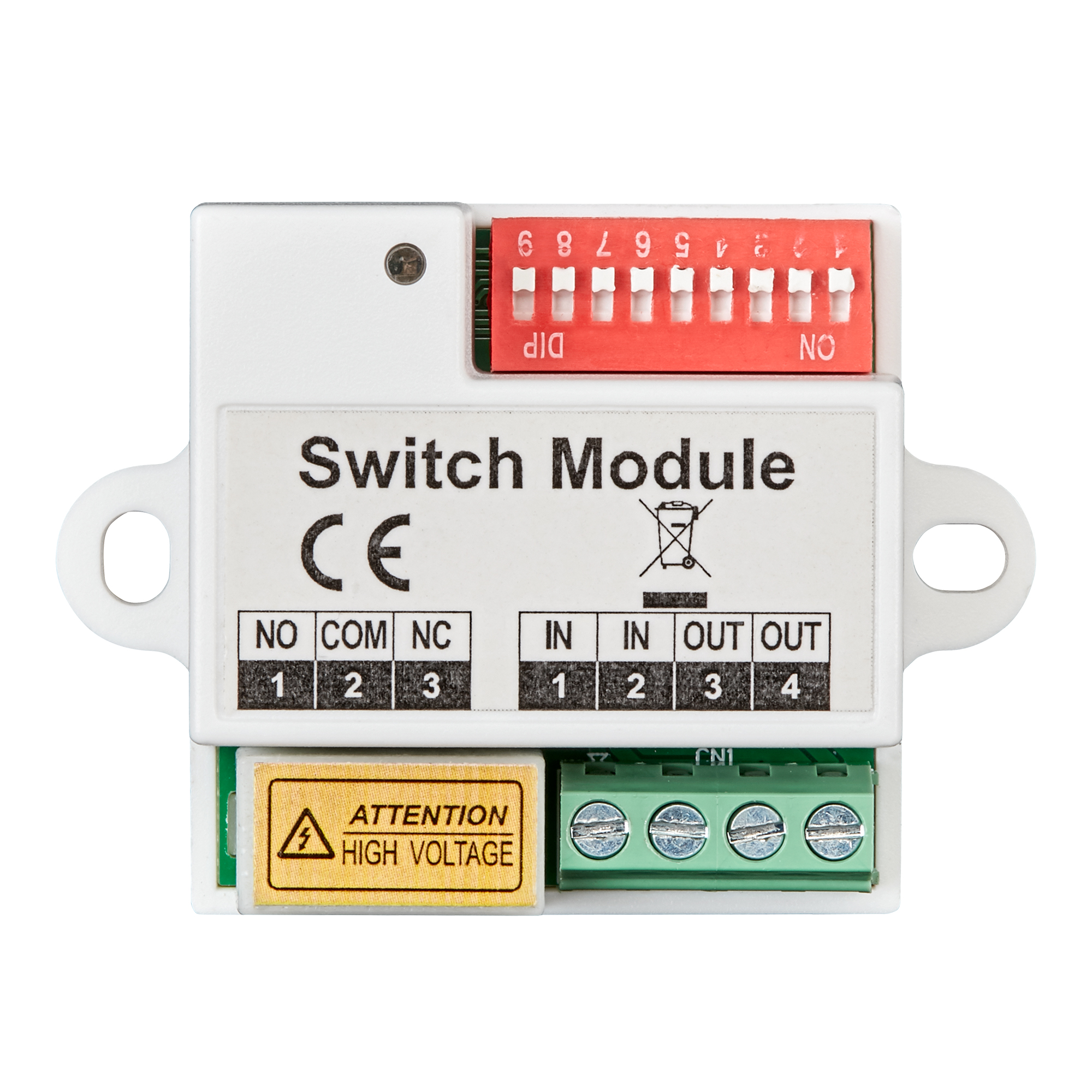 Weißes Switch-Modul mit DIP-Schalter, Anschlussklemmen und Warnaufkleber „High Voltage“, sichtbare Ein- und Ausgänge.