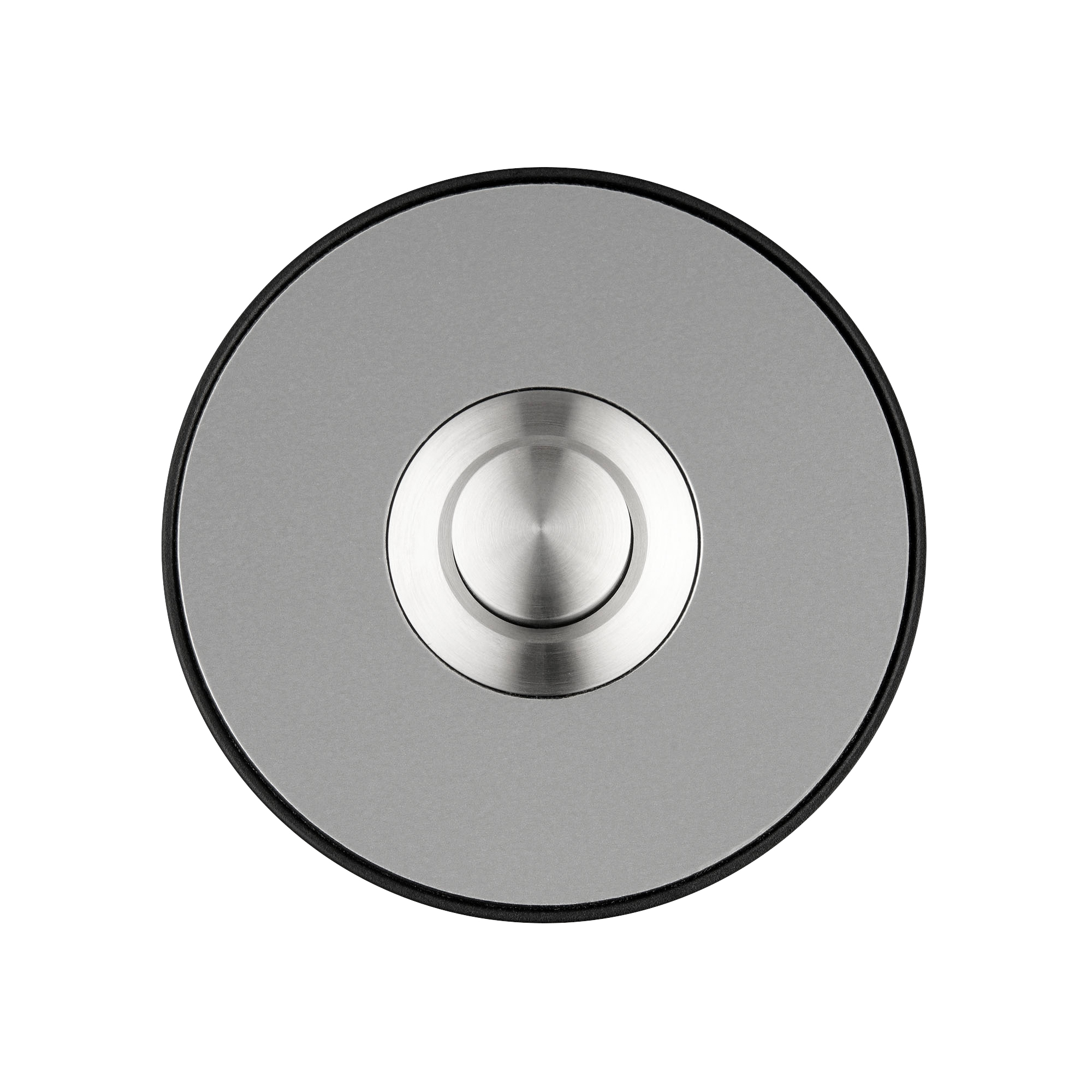 Runde Klingelplatte mit silber matter Oberfläche, mittigem Edelstahl-Drucktaster, schwarzer Rahmen, Frontansicht.