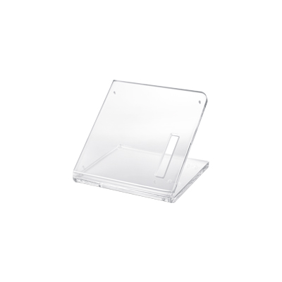 Transparenter Acrylständer in schräger Form mit rechteckiger Standfläche und geneigter Rückwand, geeignet für Videomonitore.