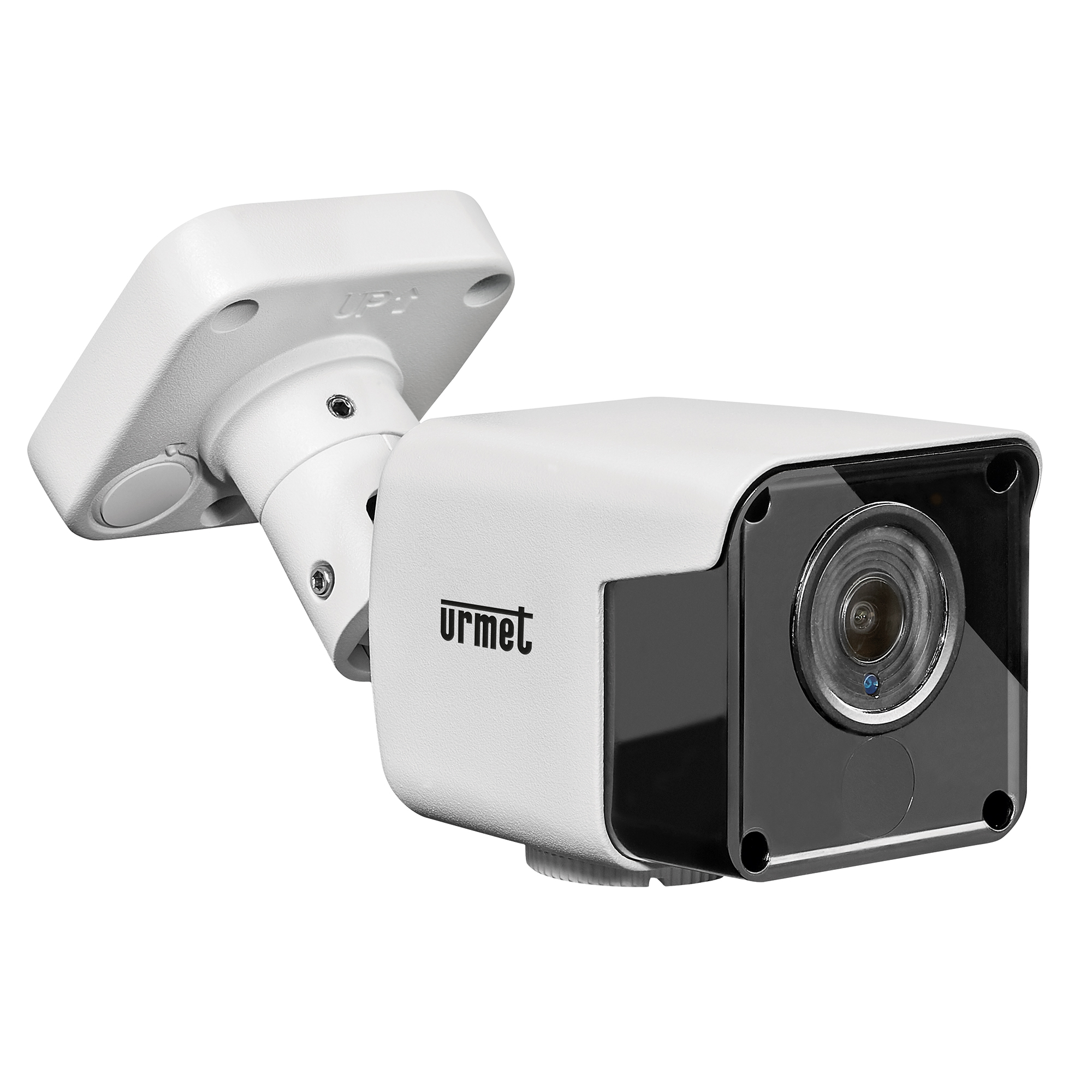 Weiße Urmet Bullet-Kamera mit schwarzer Front und Glasabdeckung, rechteckiger Bauform und Wandhalterung für Außenüberwachung.