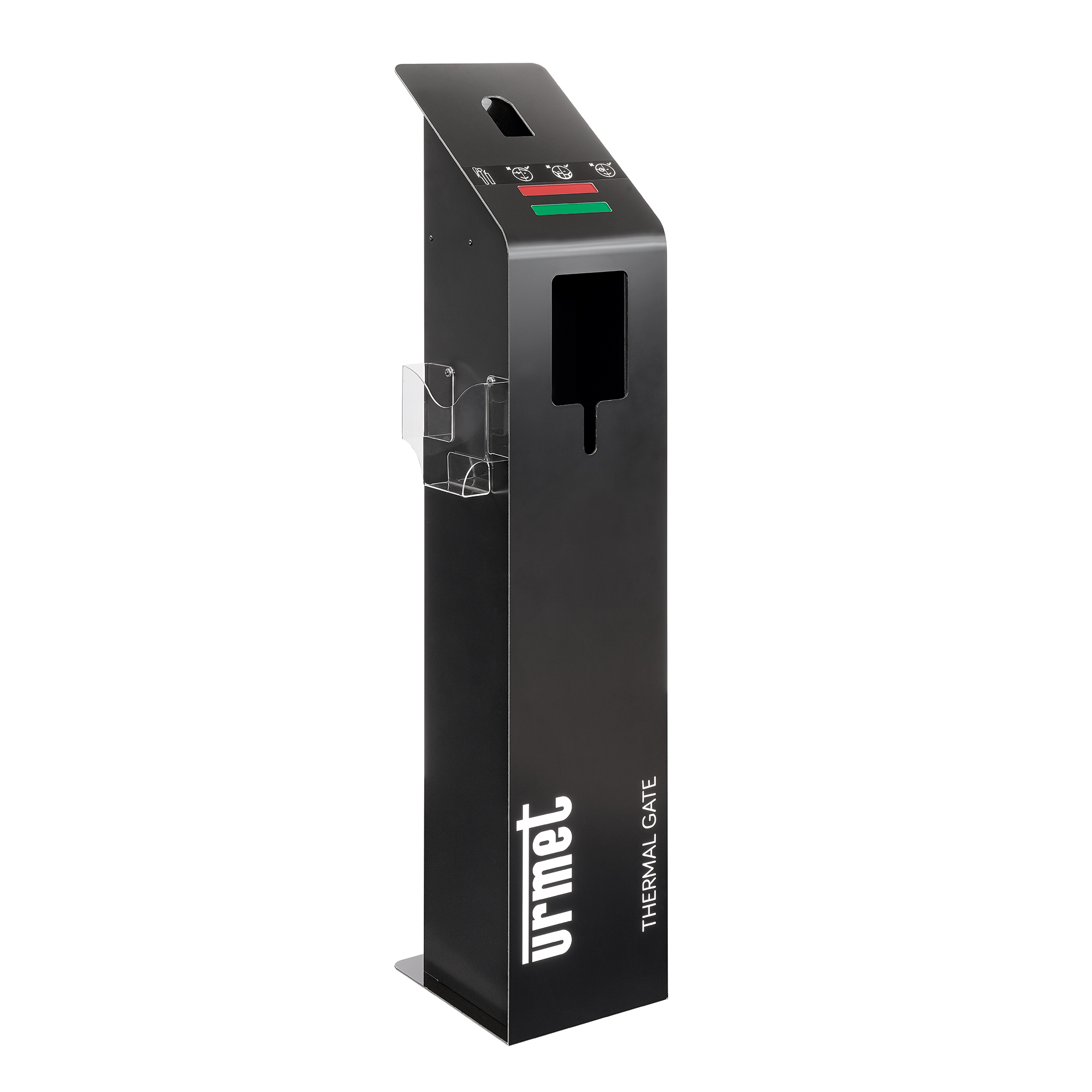 Schwarzes Standpanel mit LED-Anzeige und seitlichem Halter, markiert mit „urmet THERMAL GATE“