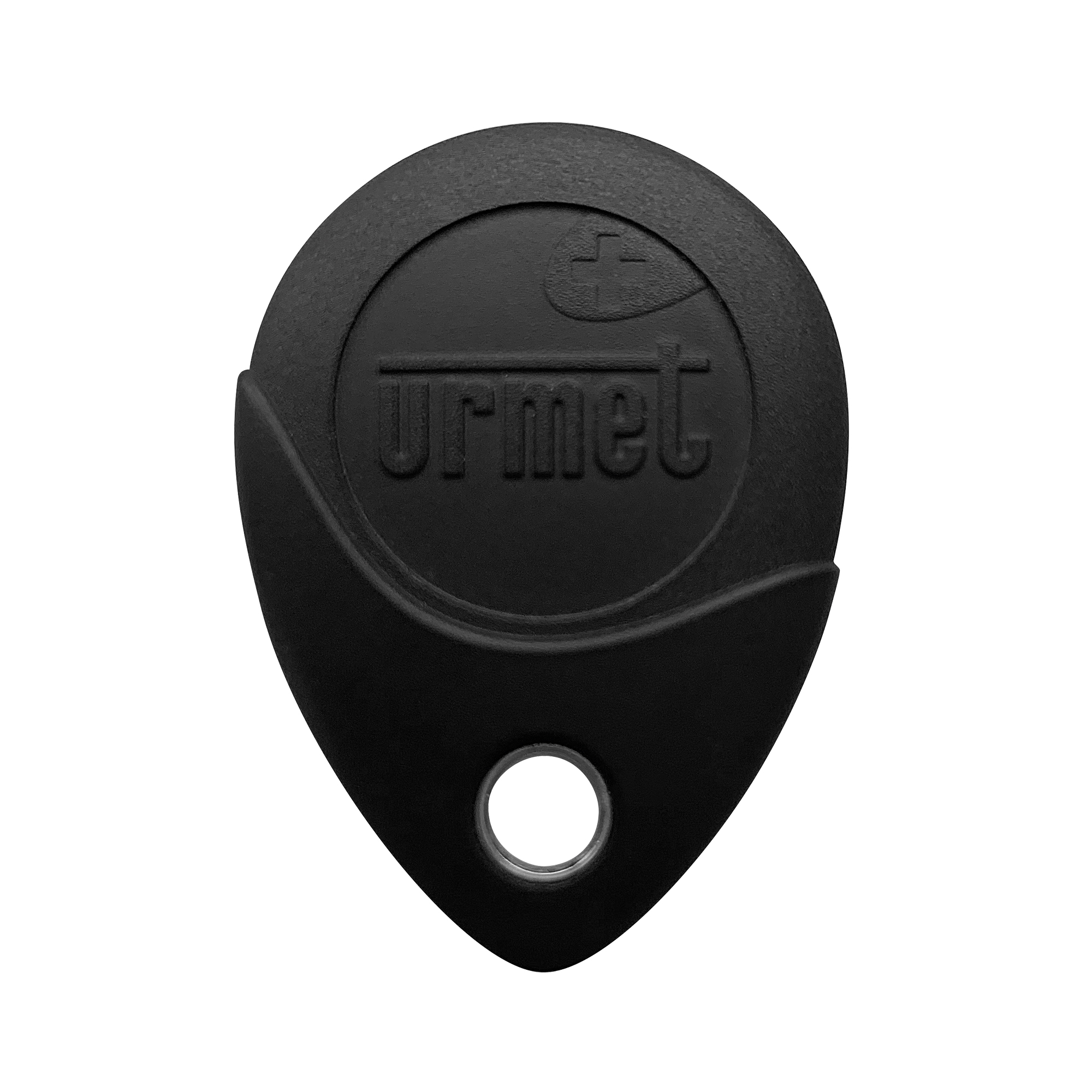 Schwarzer runder Transponderschlüssel mit "urmet" Logo und Schlüsselanhängeröse.