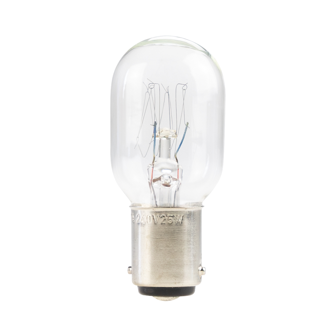 Kleine Glühlampe mit kurzem Glaskolben und zylindrischem Sockel, seitlich aufgenommen