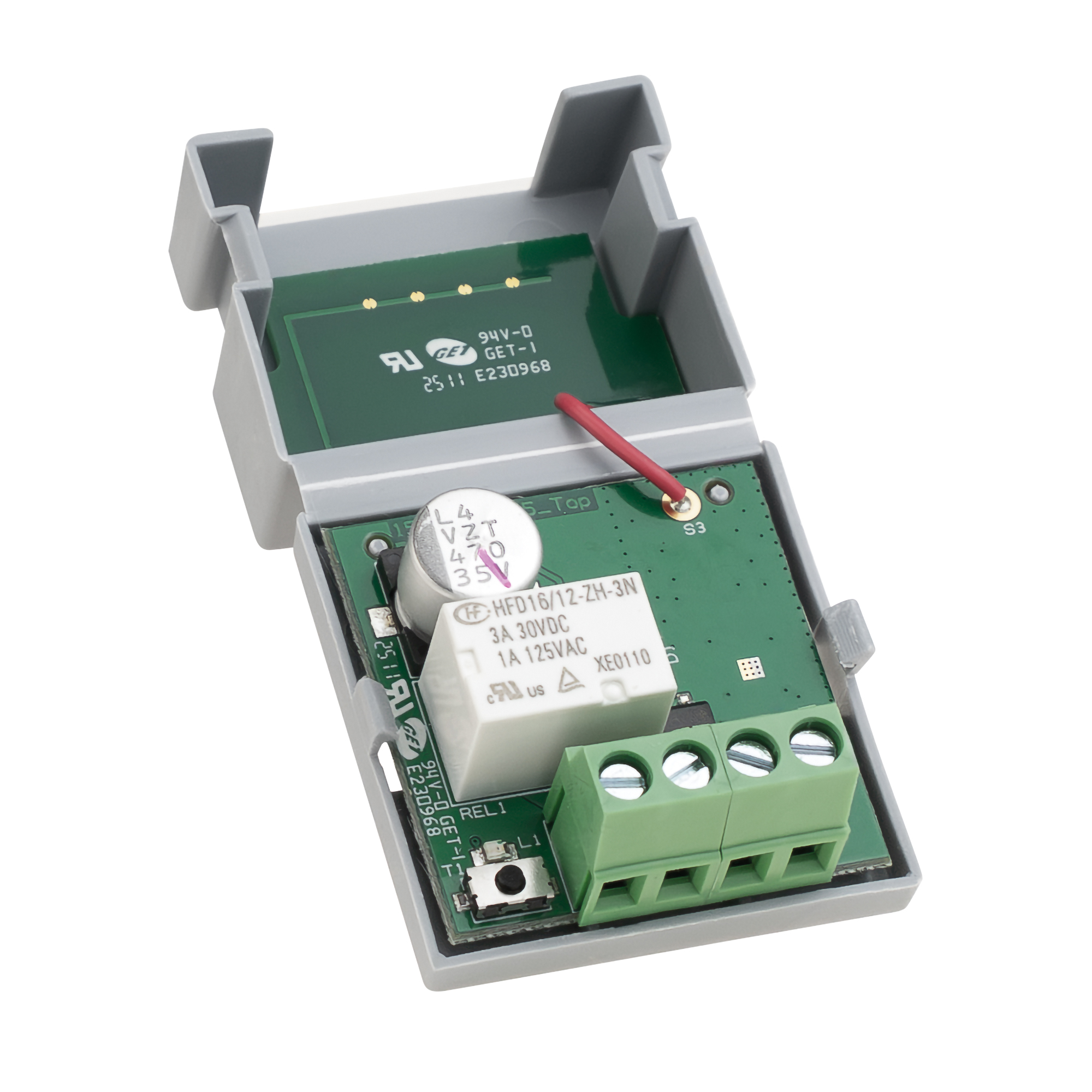 Elektronikmodul mit Relais, Anschlussklemmen und Leiterplatte im grauen Kunststoffgehäuse.