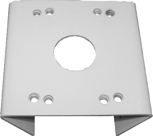 Montagehalterung aus Metall zur Befestigung von Kameras oder Technikkomponenten an Masten oder Pfosten, mit zentralem Loch und mehreren Schrauböffnungen.