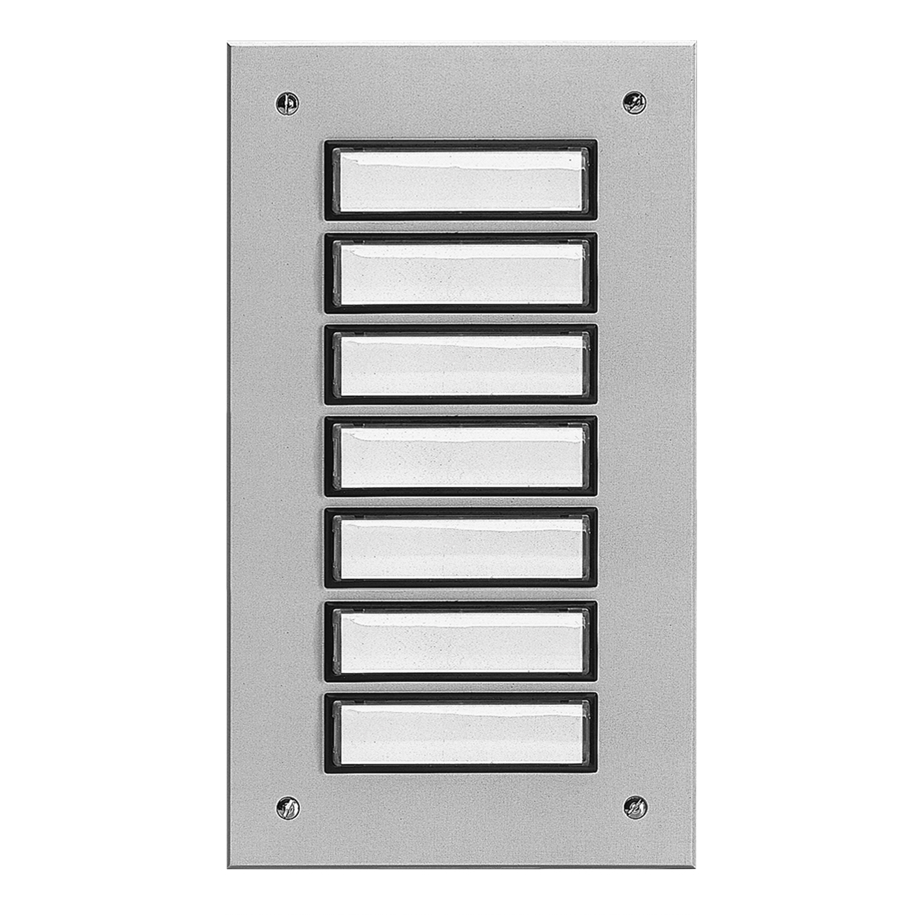 Rechteckige Etagenplatte mit sieben Namensfeldern und vier Schrauben, silber eloxierte Aluminiumplatte, Frontalansicht.