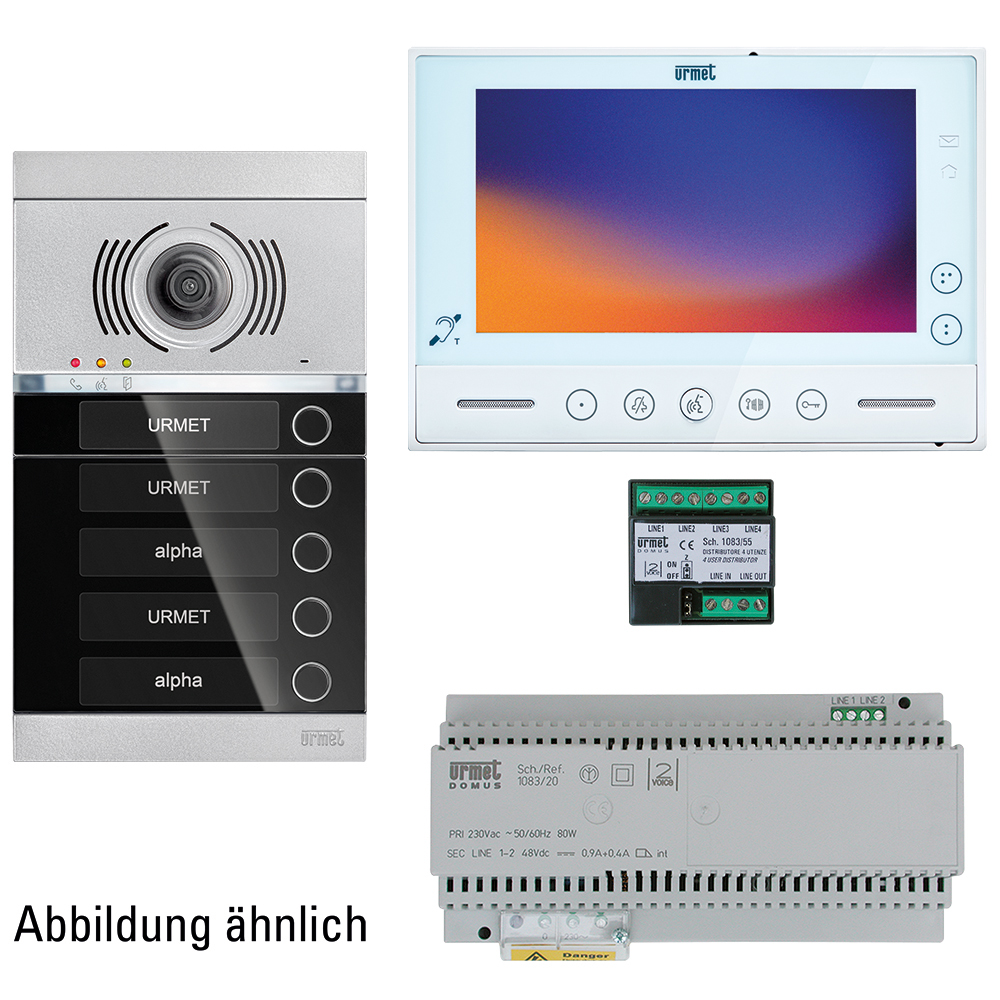 ALPHA Türstation mit Namensschilder und Klingelknöpfen; daneben sind der VMODO Videomonitor, ein Netzgerät sowie ein Videoverteiler zu sehen; darunter steht "Abbildung ähnlich"