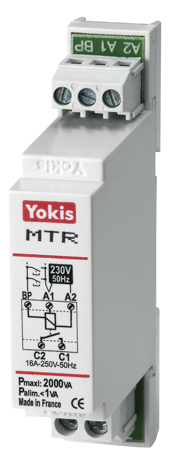 Stromstoßrelais für Hutschienenmontage mit 230 V/50 Hz, 2000 VA, Klemmen oben und unten, Schaltschema auf Gehäusefront.
