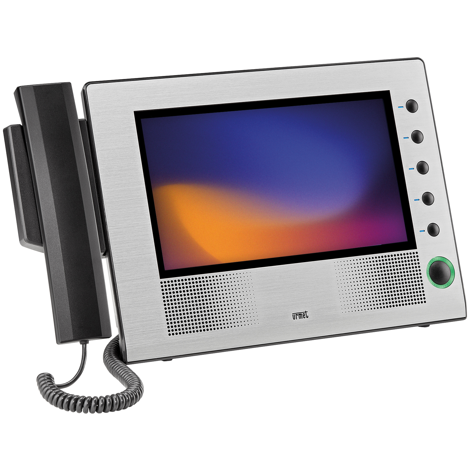 Pförtner-Monitor mit großem Farbdisplay, seitlichem Hörer, fünf Bedienknöpfen rechts und einem grün leuchtenden Knopf.