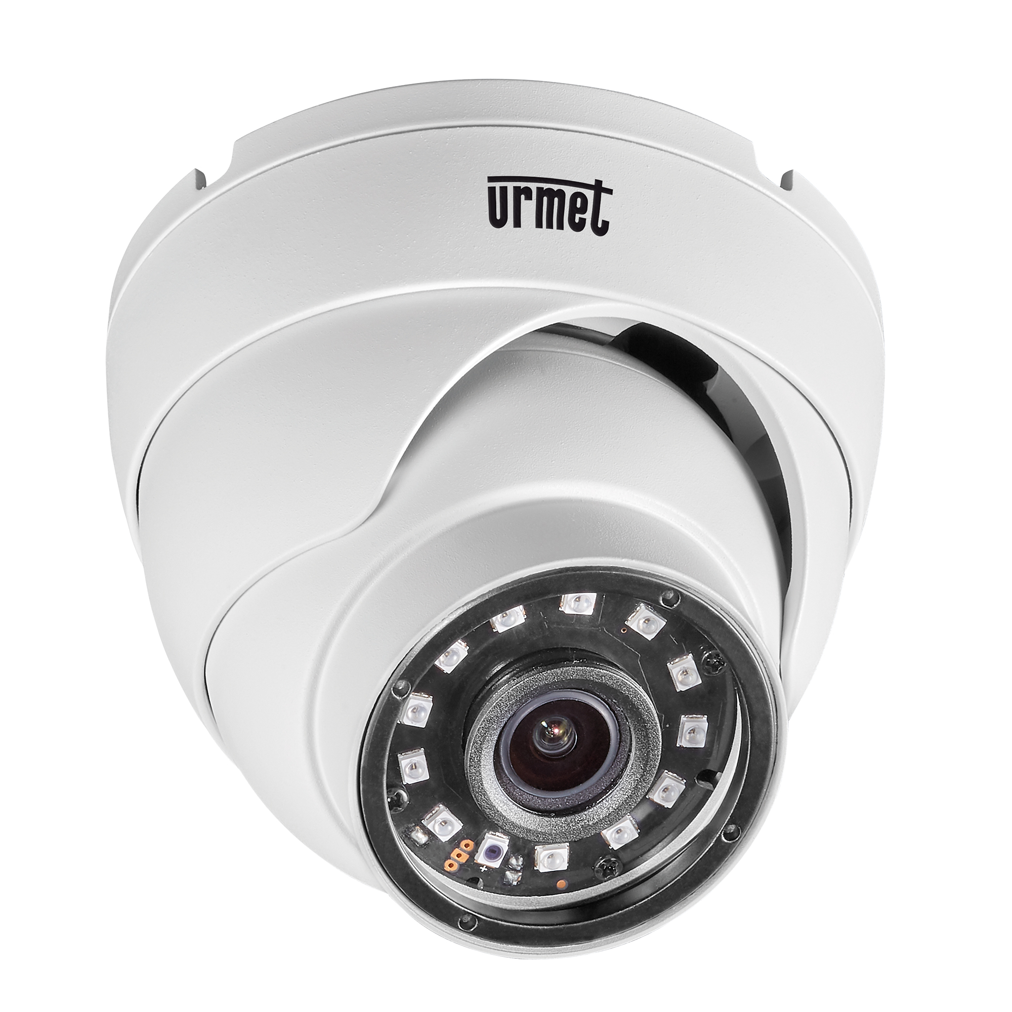 Weiße Urmet Dome-Kamera mit runder Objektivlinse, umgeben von Infrarot-LEDs für Nachtsicht, geeignet für Innen- und Außenbereich.