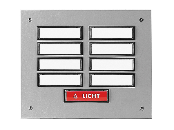 Etagenplatte mit acht Namensfeldern und einem rotem Lichttaster unten, silber eloxierte Aluminiumplatte, Frontalansicht.