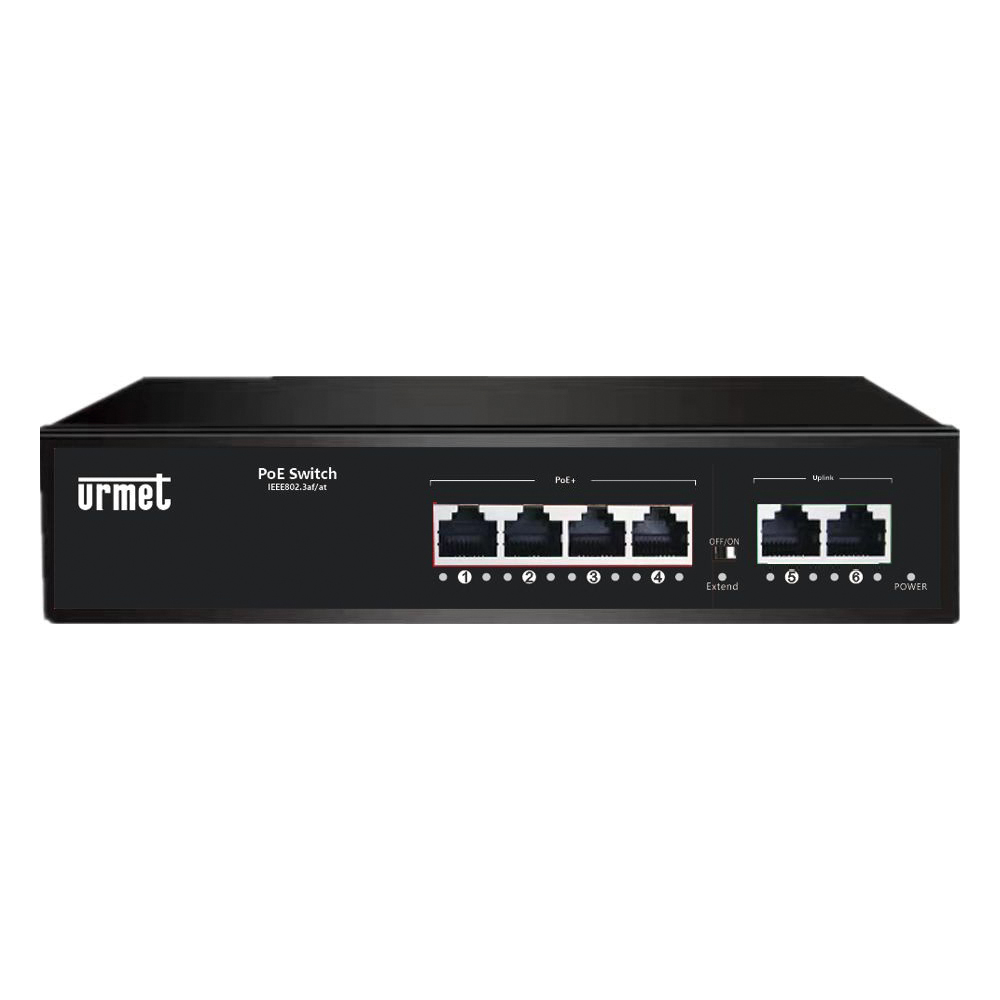 Schwarzer PoE-Switch mit sechs Ethernet-Ports und LED-Anzeigen, frontal aufgenommen