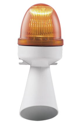 Kombi-Hupe mit orangefarbener Lichthaube und weißem Schalltrichter, frontal aufgenommen