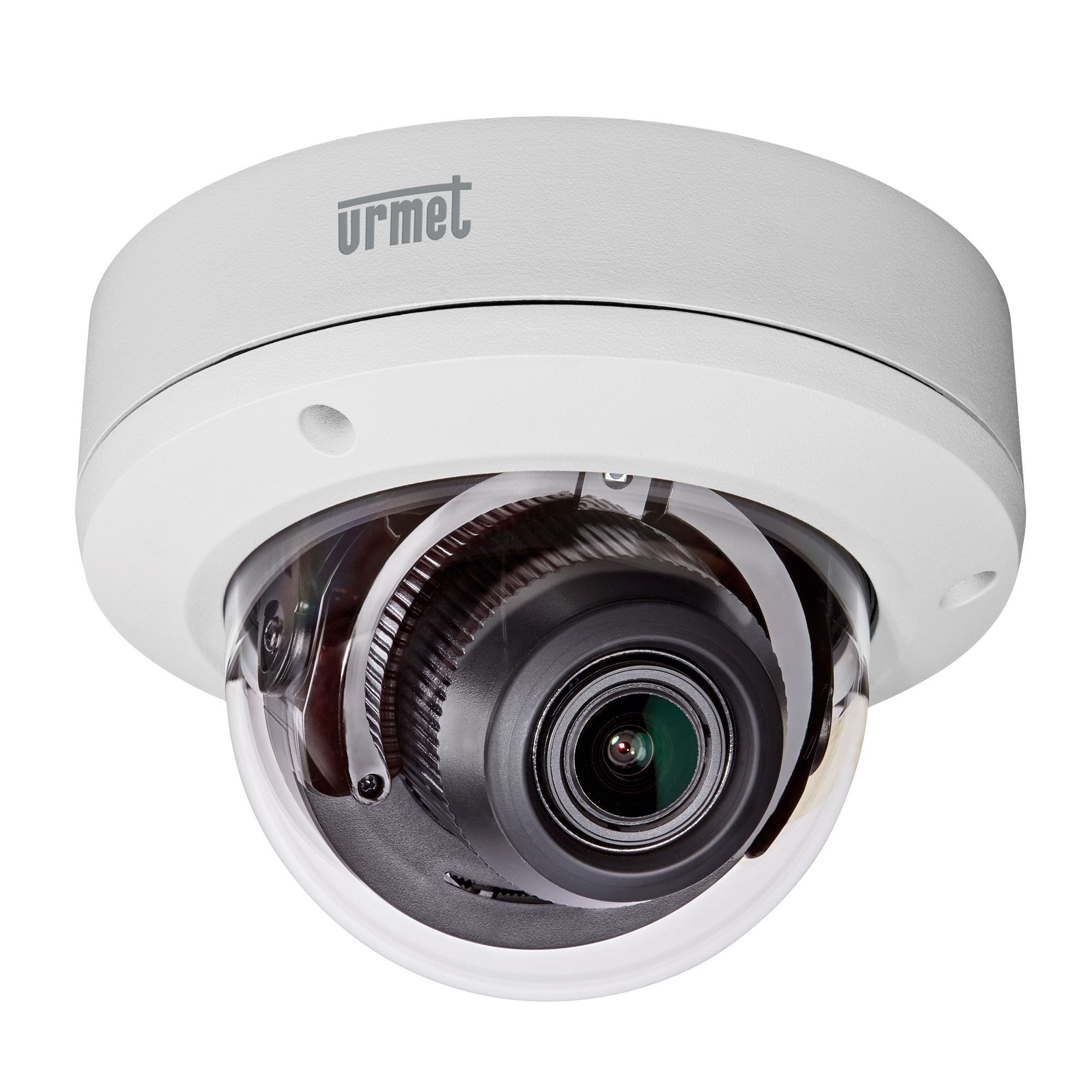 Dome-Kamera mit klarer Schutzkuppel, sichtbarem Objektiv und weißem Gehäuse