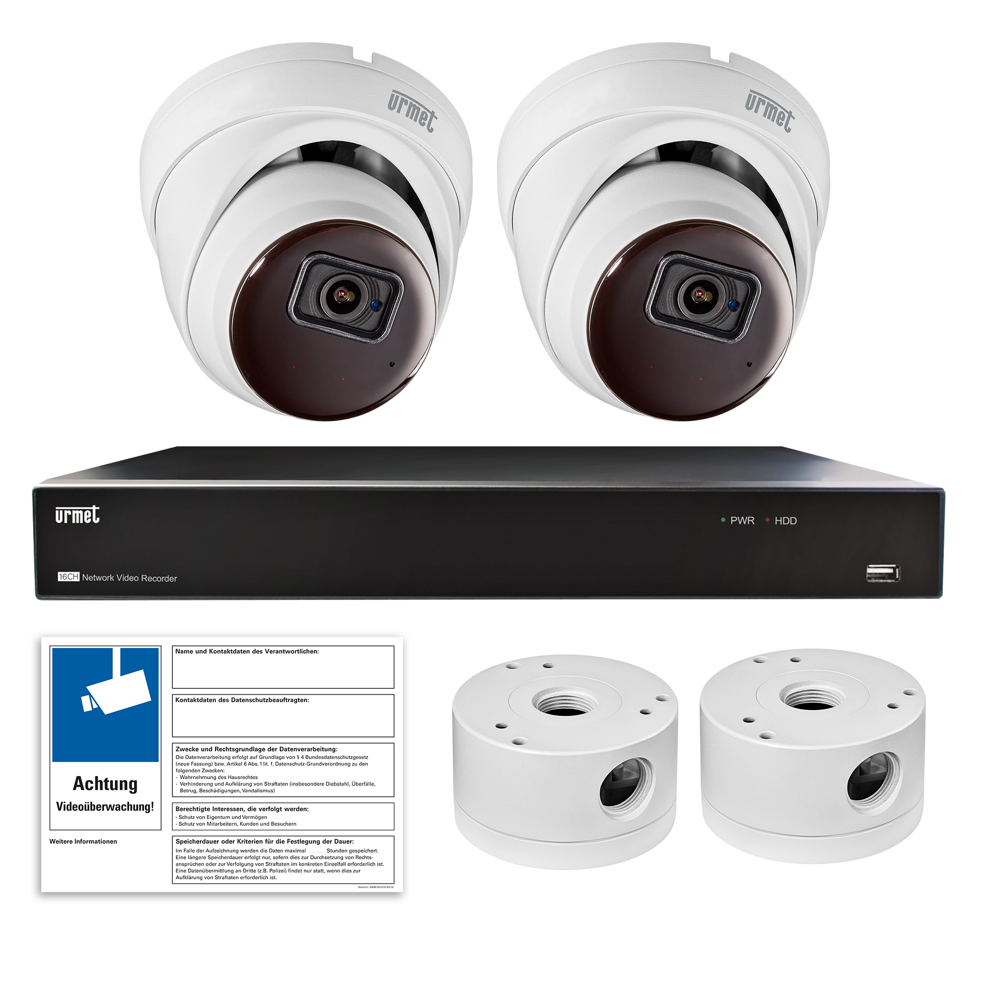 Set mit zwei weißen Dome-Kameras, Netzwerkrekorder, zwei Verteilerdosen und Hinweisschild zur Videoüberwachung.