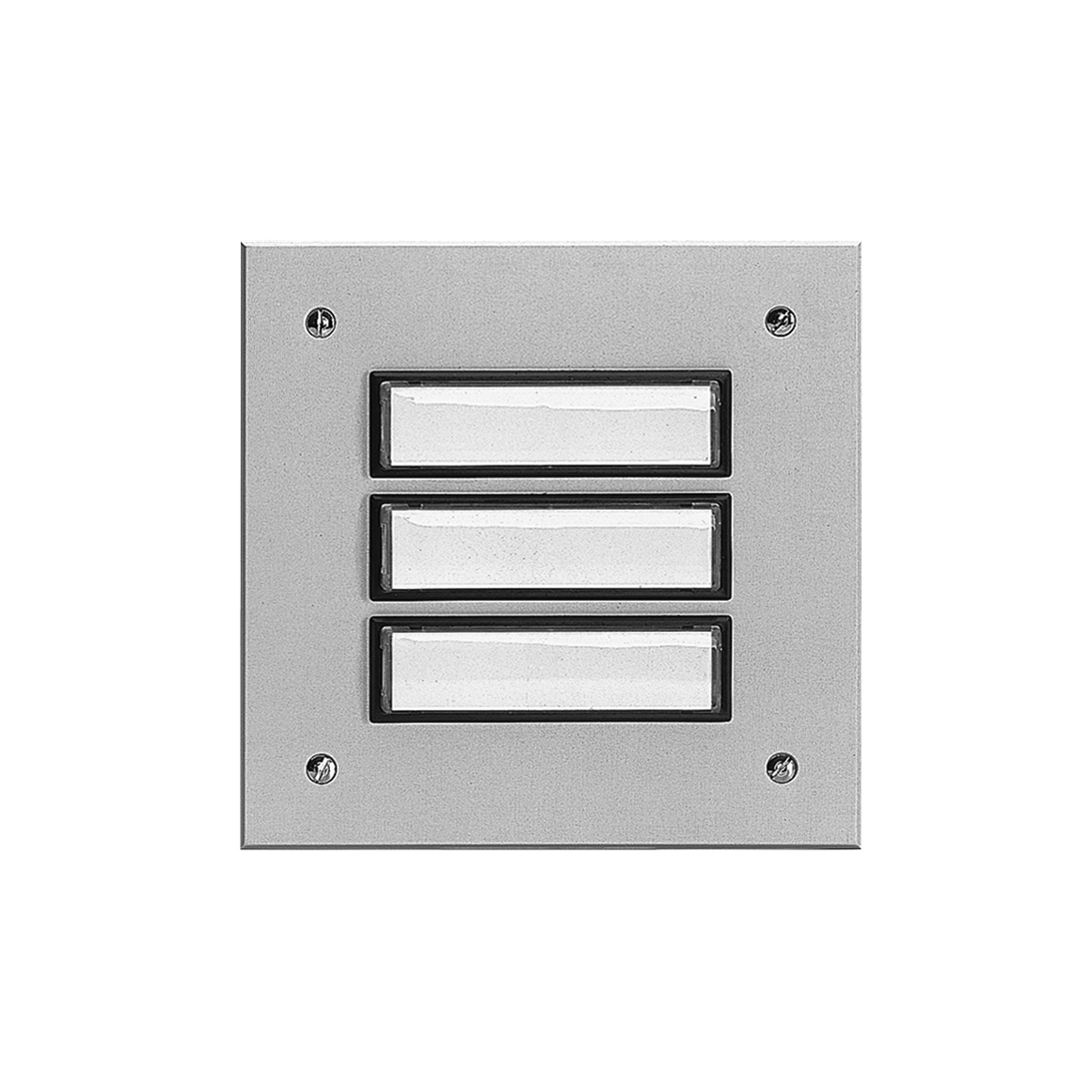 Rechteckige Etagenplatte mit drei Namensfeldern und vier Schrauben, silber eloxierte Aluminiumplatte, Frontalansicht.
