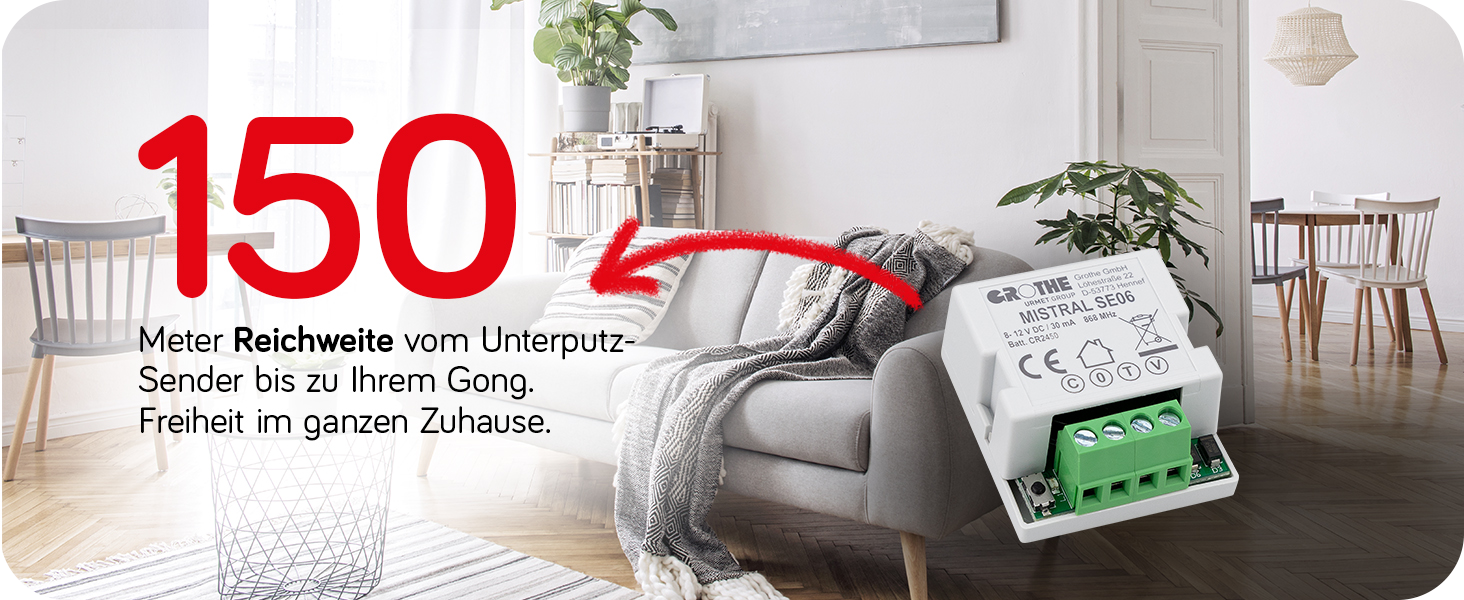 Wohnung im Hintergrund, im Vordergrund MISTRAL SE06 und links im Bild Text