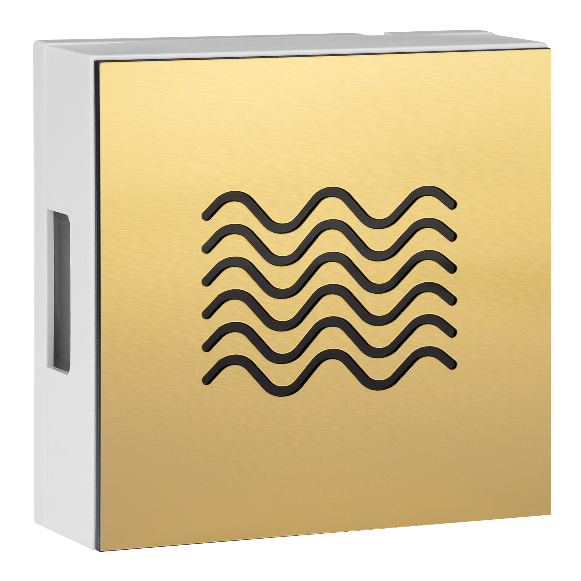 Elektromechanischer Zweiklang-Gong mit goldener Frontplatte und schwarzem, symmetrischem Wellenmuster, Sichtwinkel links.
