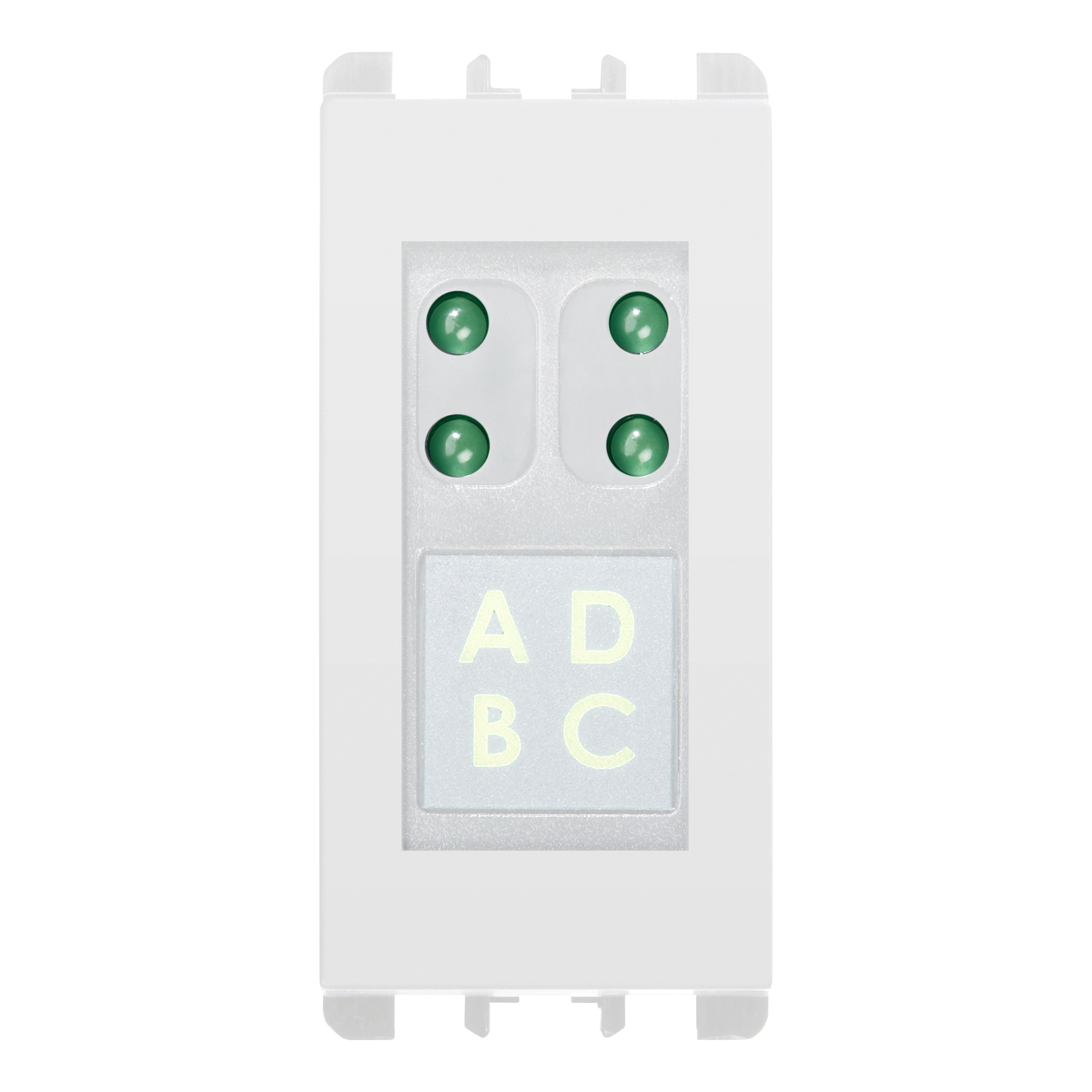 Weißes Transponder-Lesegerät für eine Alarmanlage mit vier grünen Status-LEDs und beleuchtetem Tastenfeld zur Bereichsaktivierung (A, B, C, D)