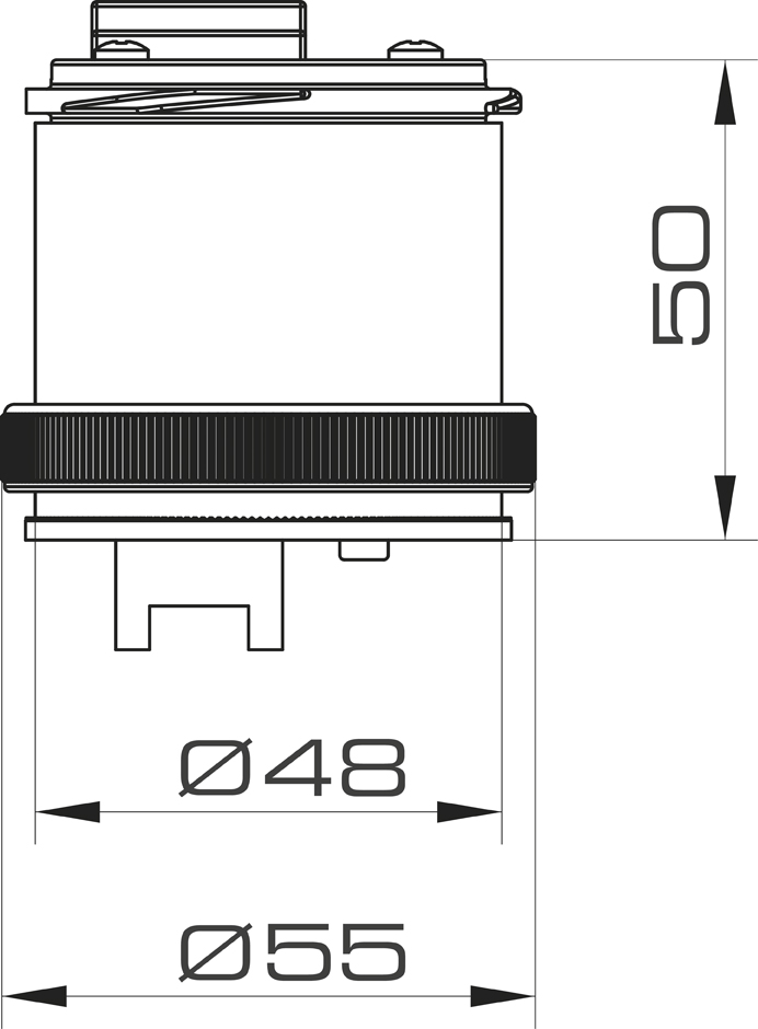 Zylindrische LED-Warn- und Blinkleuchte mit geriffelter transparenter Abdeckung, schwarzem Sockel und Anschlussgehäuse