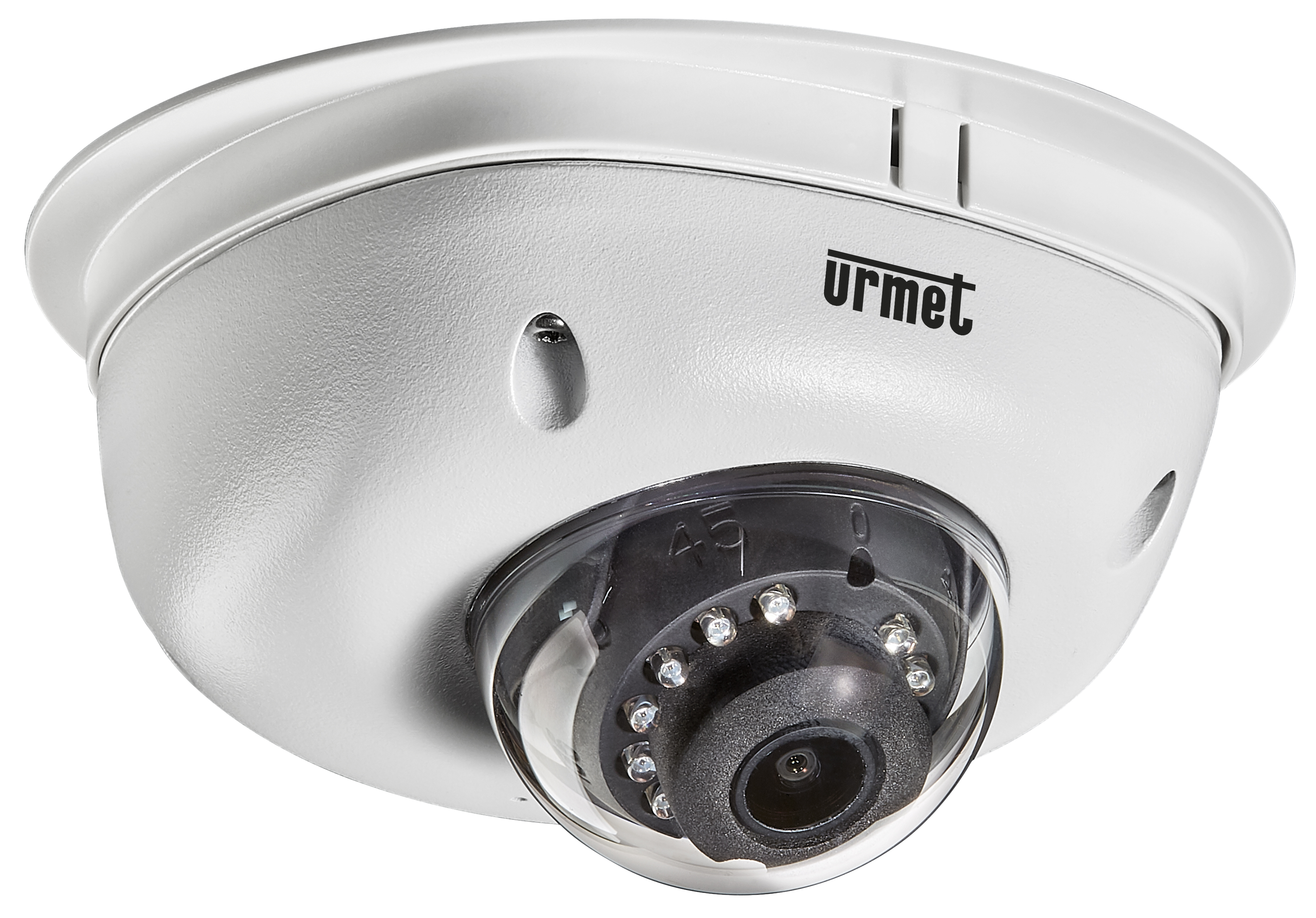 Kompakte Dome-Kamera mit weißem Gehäuse und schwarzem Objektivring, umgeben von IR-LEDs