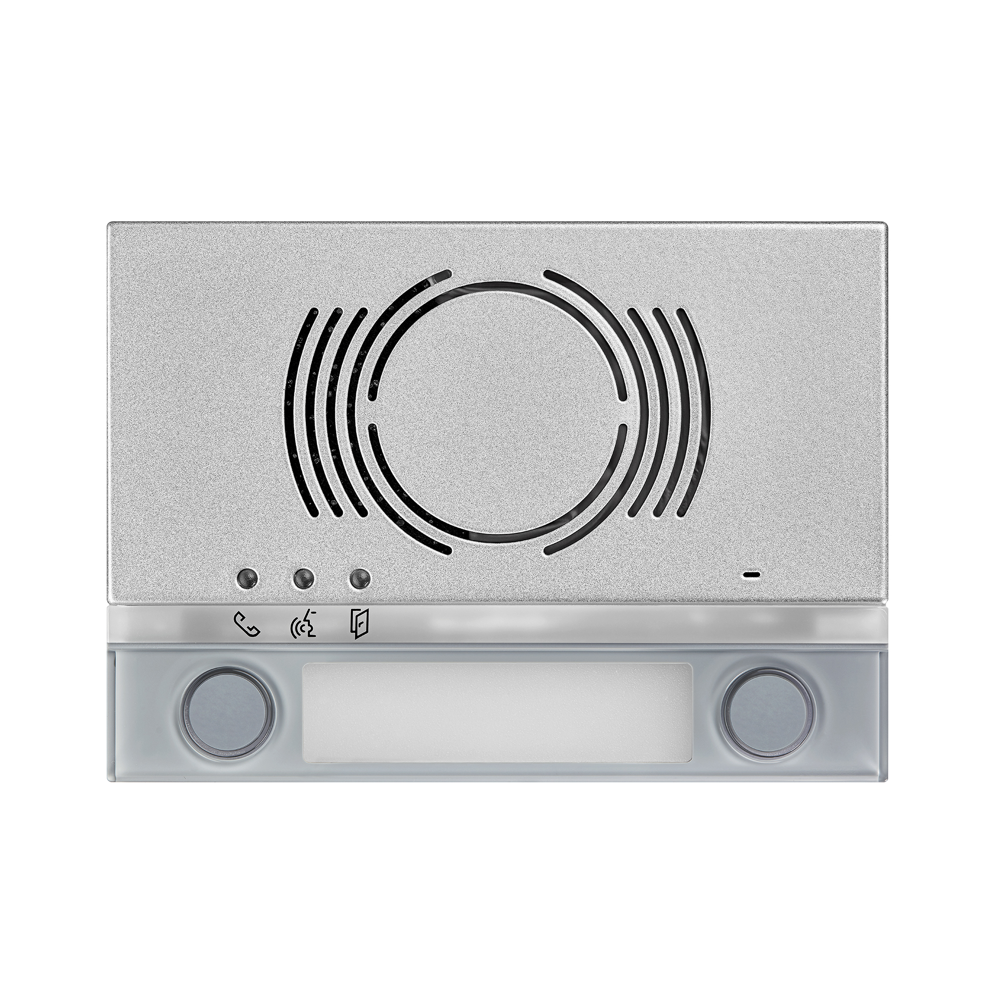Audio-Türlautsprecher-Abdeckung mit runden Lautsprecherschlitzen, drei Status-LEDs, zwei Klingeltasten und Namensschild.
