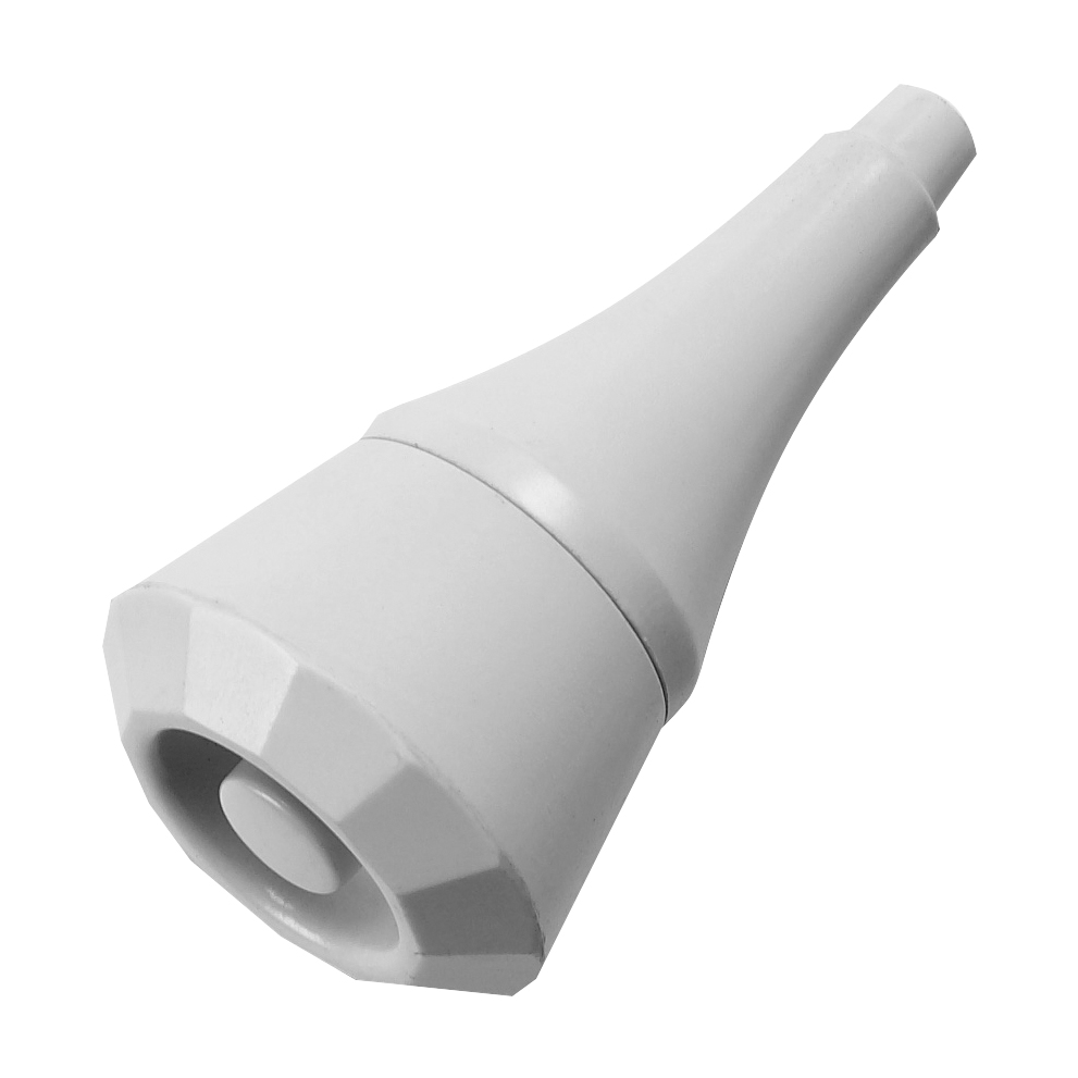 Weißer Klingel-Hängtaster in länglicher, ergonomischer Form mit rundem Taster, schräg von vorn dargestellt.