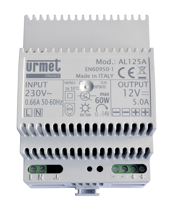 Netzgerät mit 230V Eingang und 12V Ausgang, Hutschienenmontage, Urmet Modell AL125A, beschriftete Anschlussklemmen.