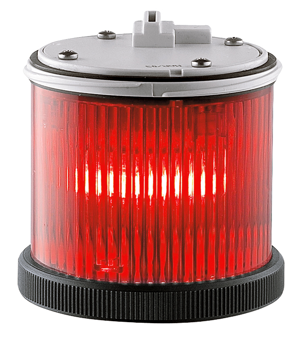 Zylindrische LED-Blinkleuchte mit geriffelter rotfarbiger Abdeckung, schwarzem Sockel und grauem Anschlussgehäuse
