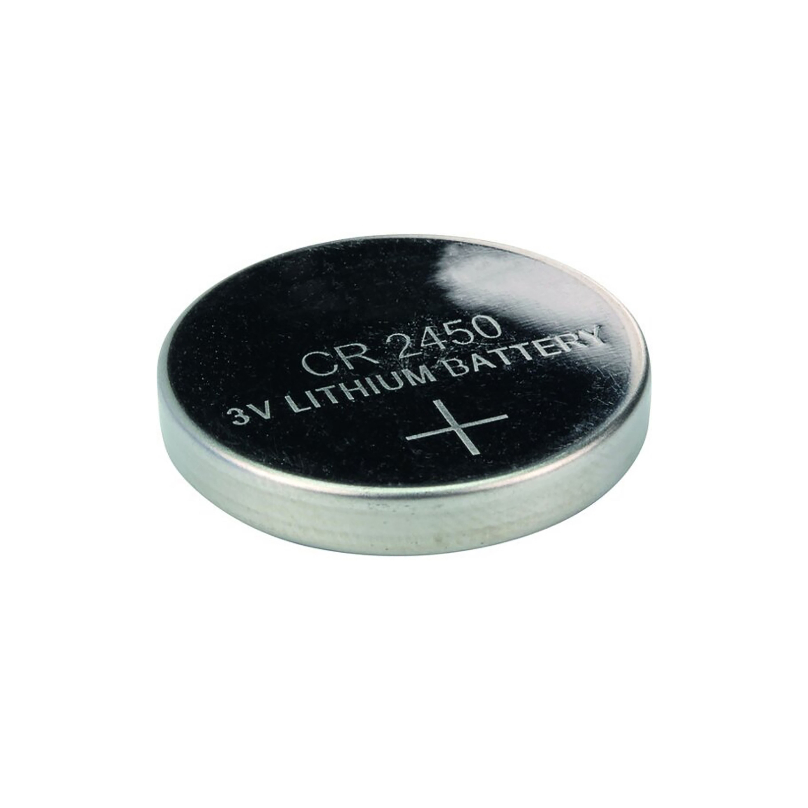 Flache Knopfzelle CR2450 mit 3V, Lithium-Batterie, Aufdruck und Pluspol sichtbar, schräger Blickwinkel.