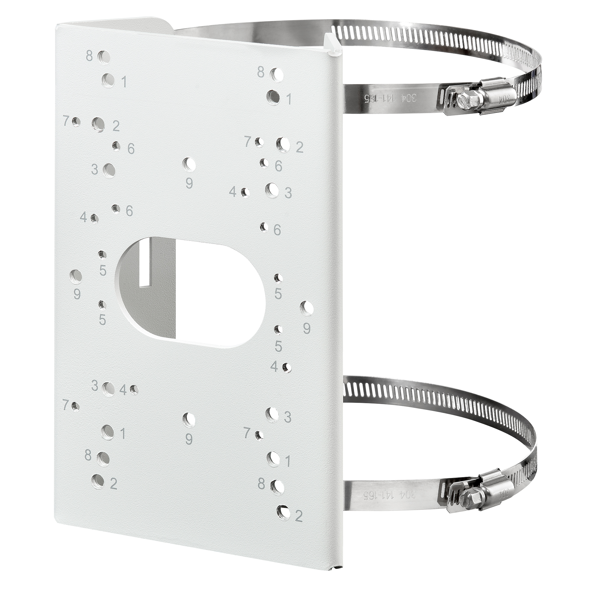 Mast-Halterung aus Metall mit zahlreichen Befestigungslöchern und zwei verstellbaren Spannbändern zur Fixierung