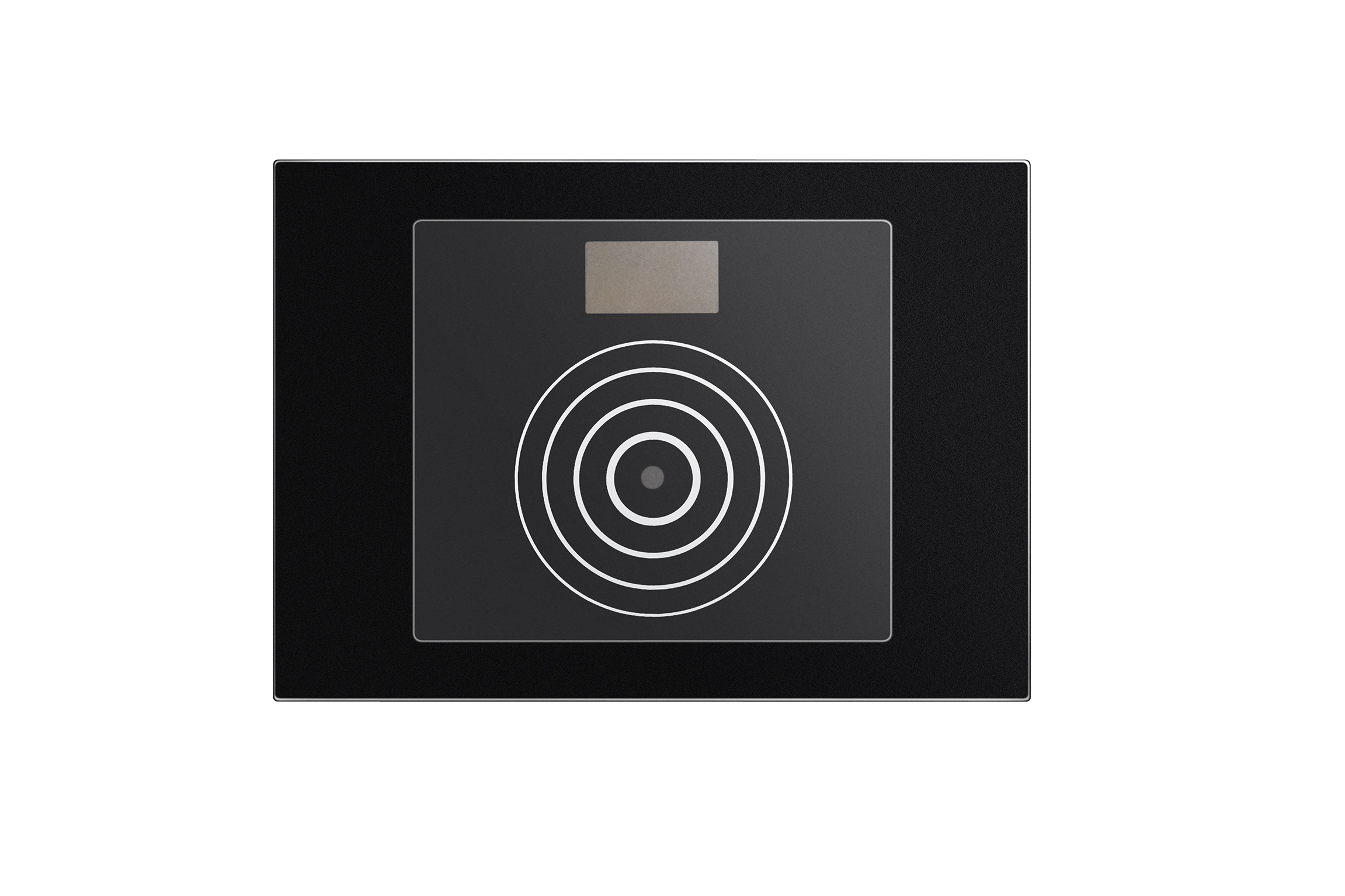 Schwarzes, rechteckiges Lesegerät mit zentralem RFID-Symbol aus konzentrischen Kreisen, passend für Alpha Türstation.