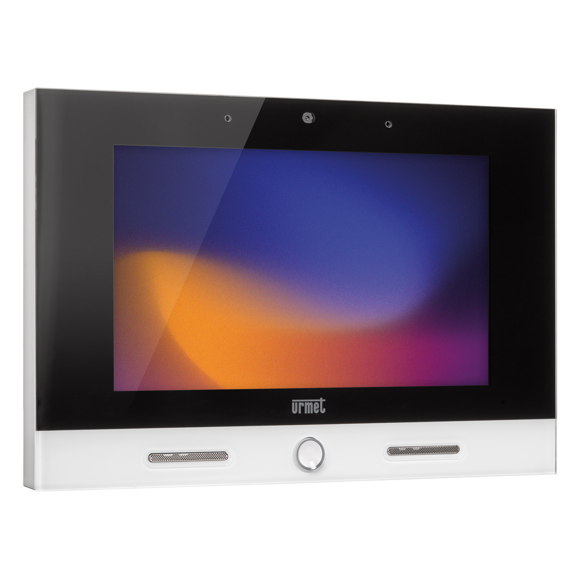 Flacher Videomonitor mit großem Display, schwarzer Front, weißem Rahmen, Rundtaste und zwei Lautsprechergittern unten.