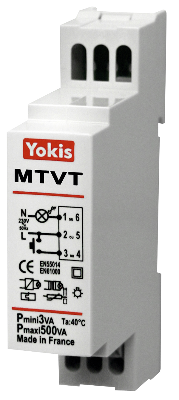 Dimmer mit Zeitfunktion zur Hutschienenmontage, weißes Gehäuse mit Anschlussklemmen oben und Schaltbild auf der Front.