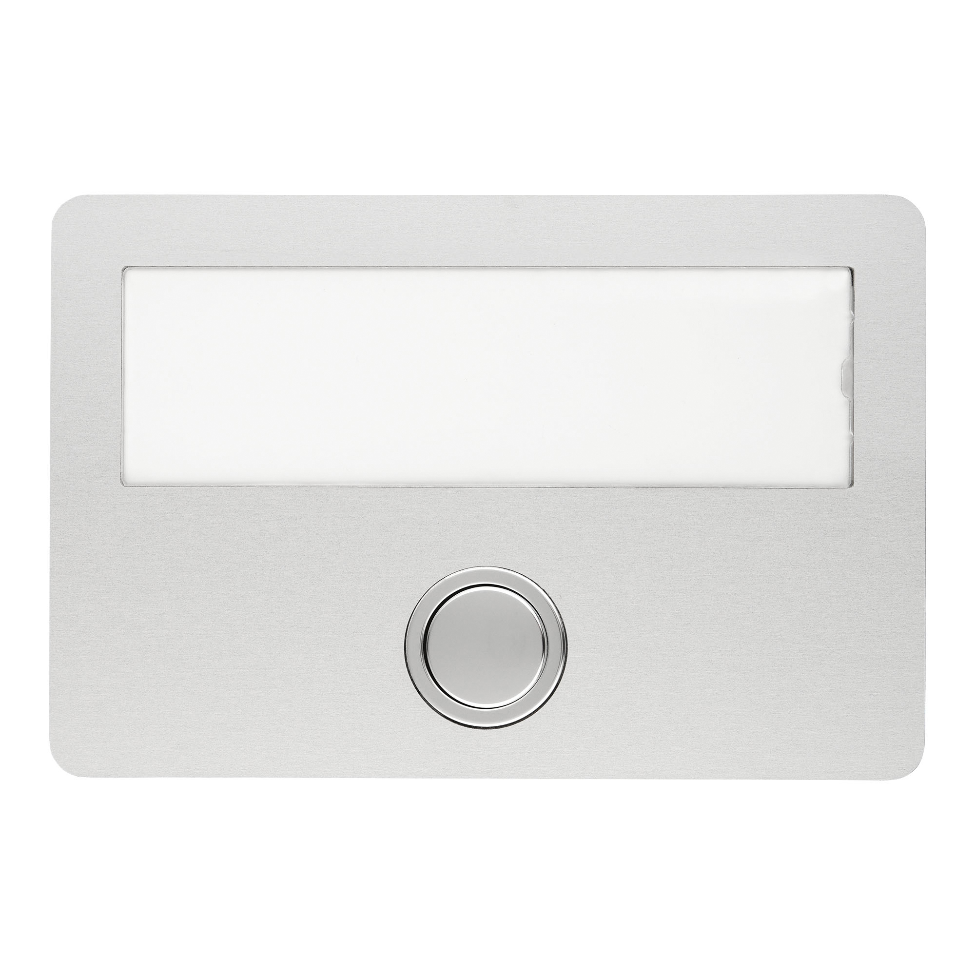 Etagenplatte aus Aluminium mit großem Namensschild und rundem Klingeltaster unten.