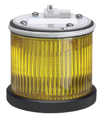 Zylindrische LED-Blinkleuchte mit geriffelter gelbfarbener Abdeckung, schwarzem Sockel und grauem Anschlussgehäuse