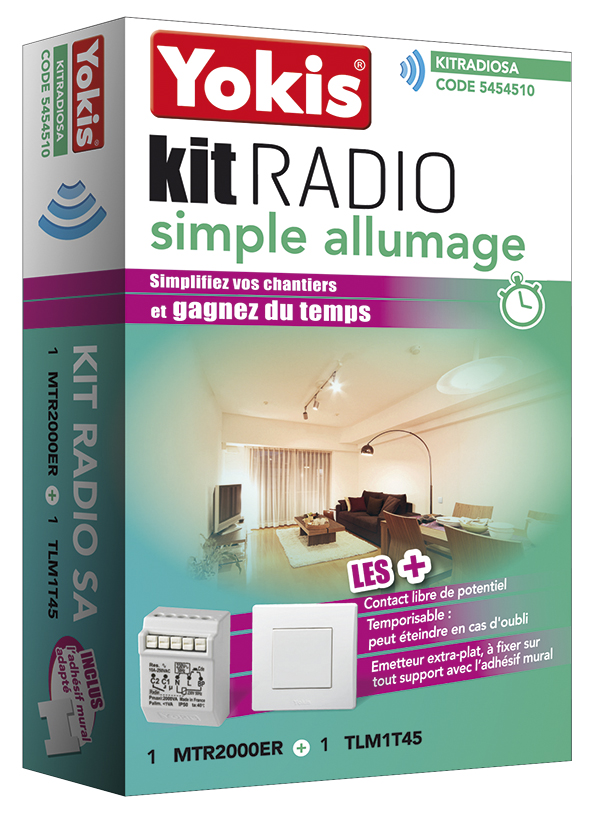 Verpackung eines Yokis Funk-Schaltsets mit Relaismodul und Wandschalter, Produktabbildung und Wohnraumszene auf der Box.