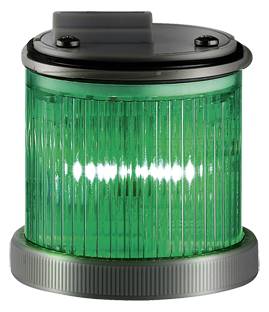 Zylindrische LED-Warn- und Blinkleuchte mit geriffelter grünfarbiger Abdeckung, schwarzem Sockel und Anschlussgehäuse