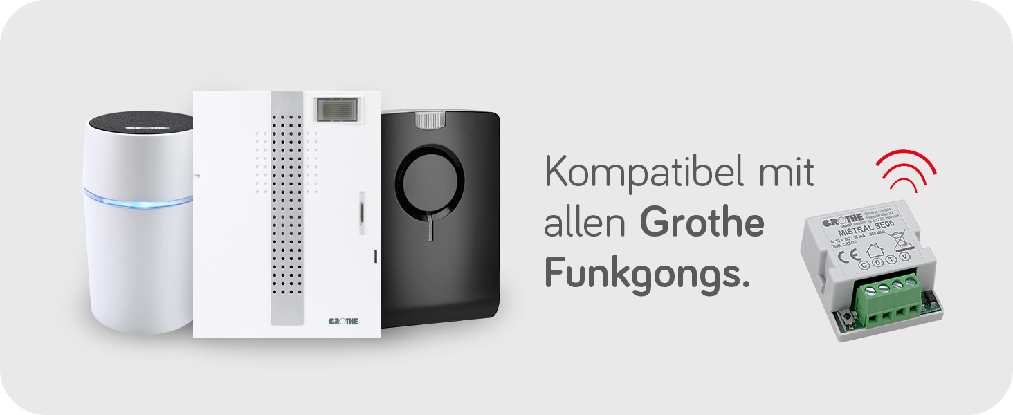 Drei Funkgongs links im Bild und MISTRAL SE06 rechts im Bild mit Text dazwischen