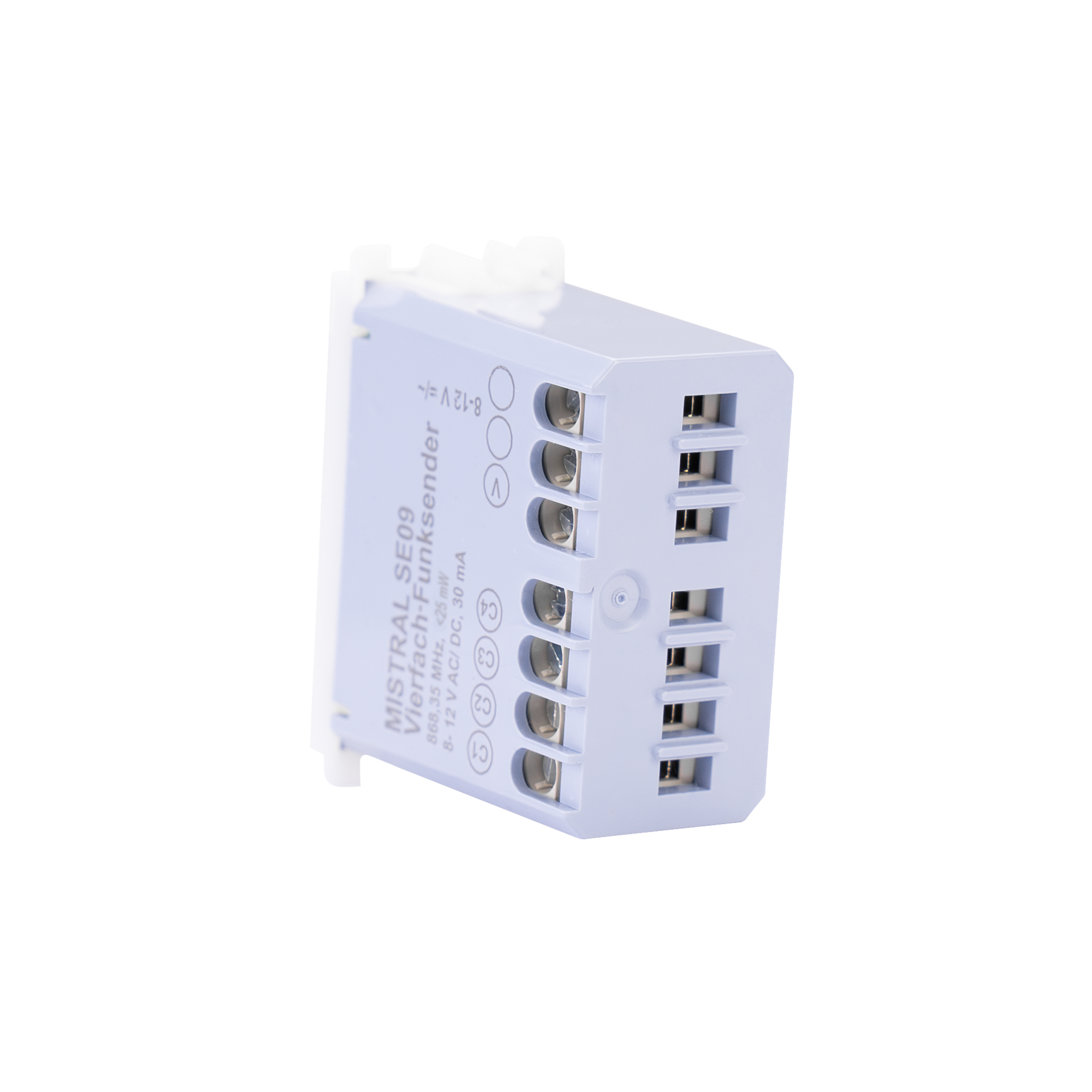 Funksender-Modul mit seitlicher Beschriftung „MISTRAL SE09“, pastelllilanes Gehäuse und weißen Anschlussklemmen, ansicht von unten.