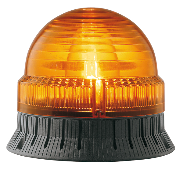 LED-Multiblitzleuchte mit glatter orangefarbener Kuppel auf geriffeltem schwarzem Sockel