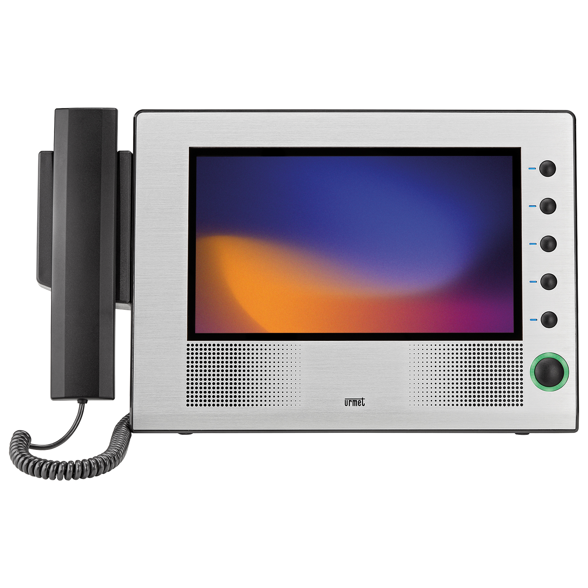 Pförtner-Monitor mit großem Farbdisplay, seitlichem Hörer, fünf Bedienknöpfen rechts und einem grün leuchtenden Knopf.