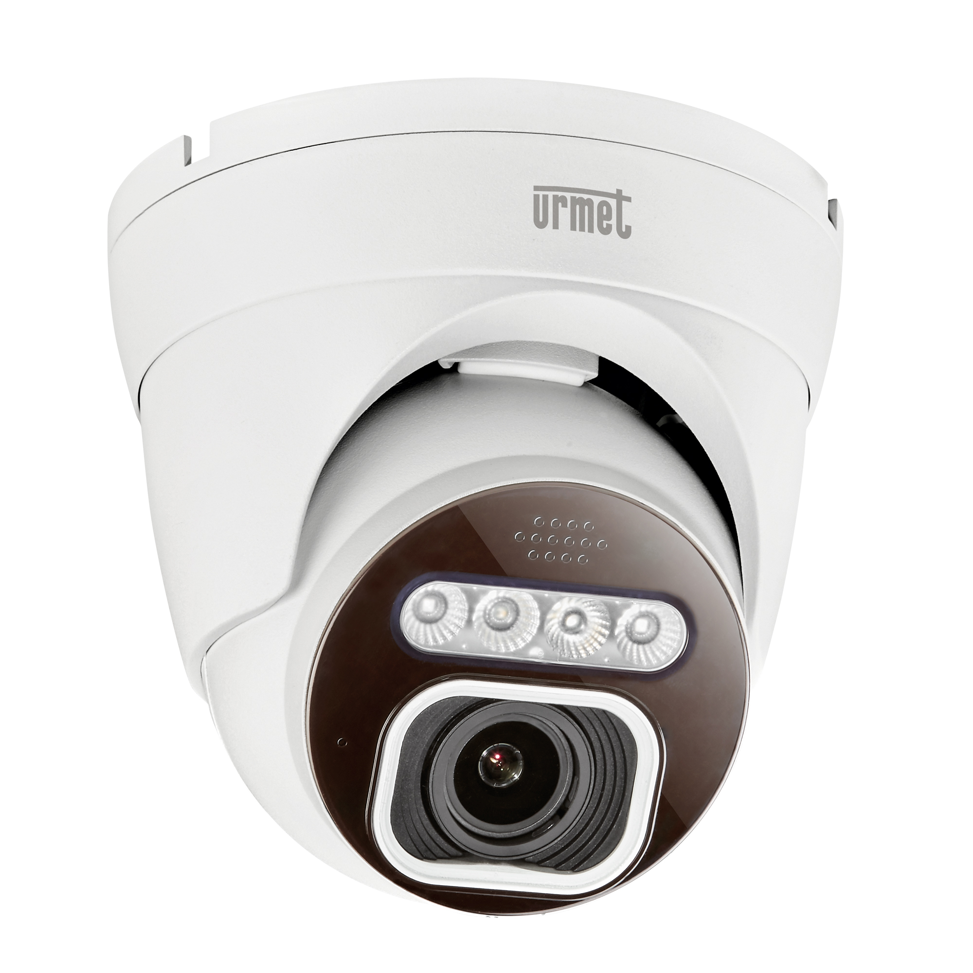 Dome-Kamera mit vier LED-Spots, Mikrofonöffnungen und weißem Gehäuse